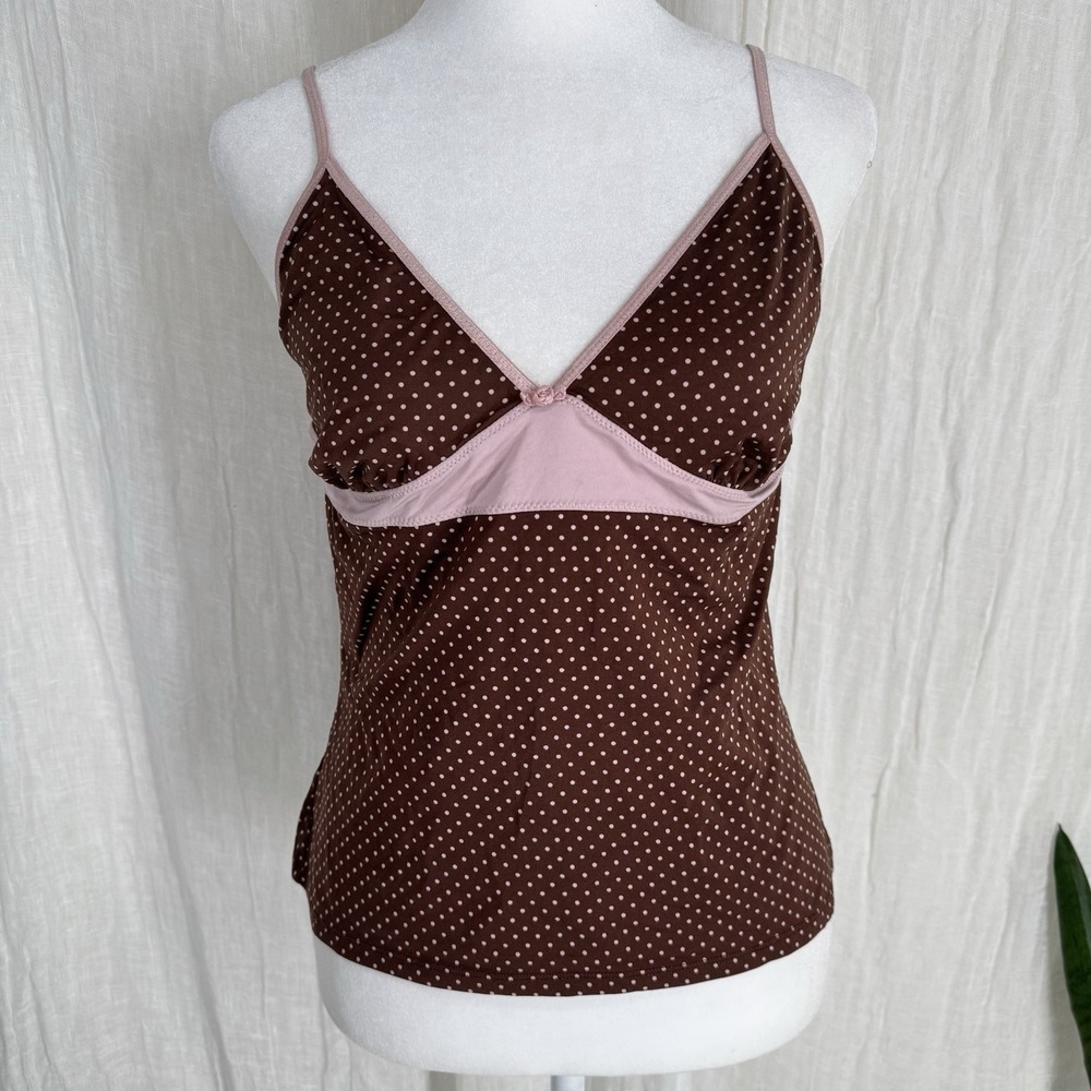 Vtg Y2K Polka Dot Babydoll Top M Coquette Pink Brown Cami Boho Grunge Cottage